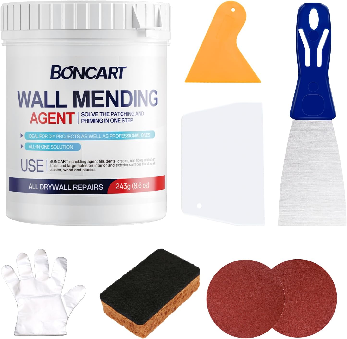 BONCART 8.6oz Drywall Patch Repair Kit - Professional All-in-1 Tool Set (Scrapers/Sandpaper/Texture Sponge/Gloves/Putty Knife) for Fast Wall Hole Repair