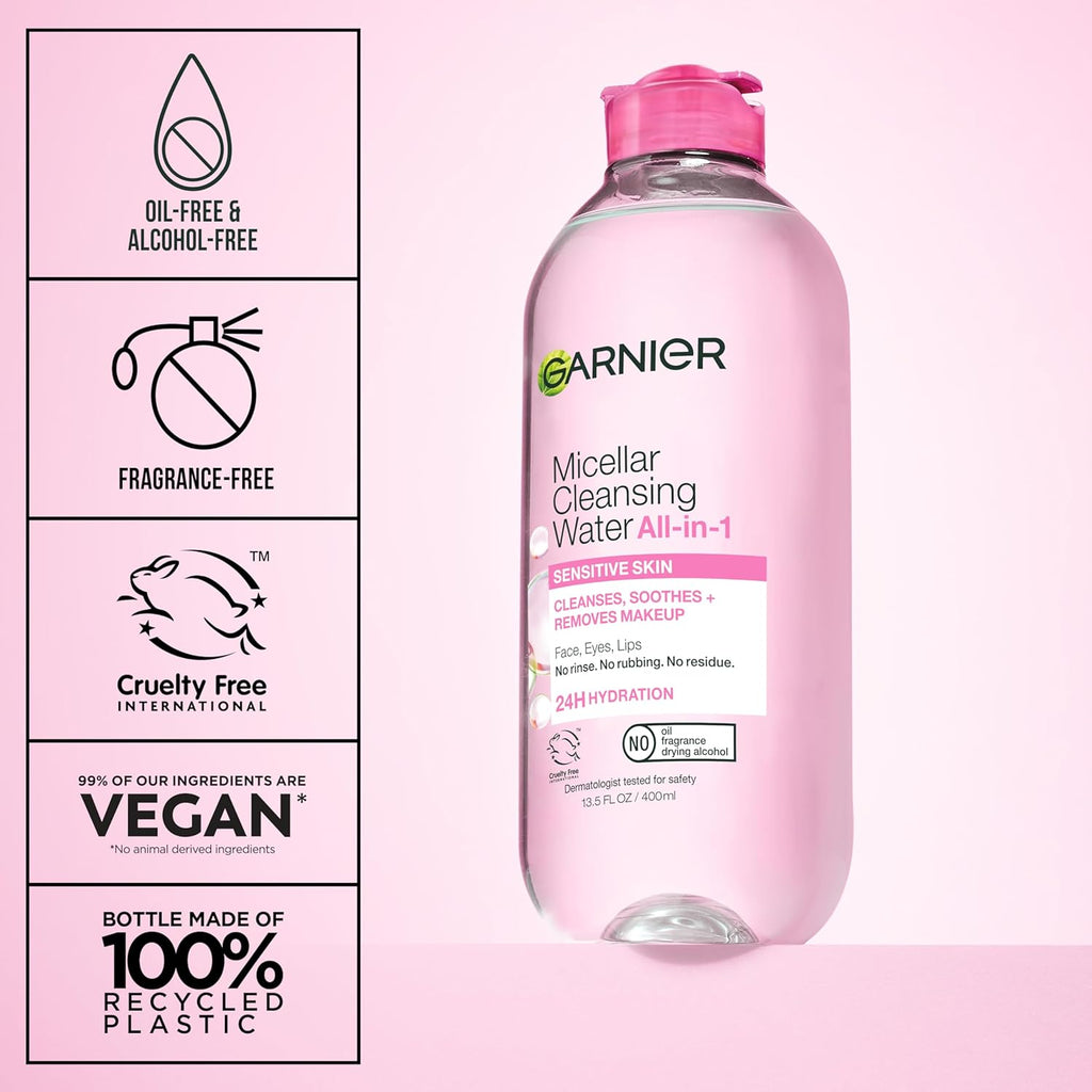 Garnier Micellar Water, Hydrating Facial Cleanser & Makeup Remover, Suitable for Sensitive Skin, Vegan, Cruelty Free, 13.5 Fl Oz (400mL), 2 Count