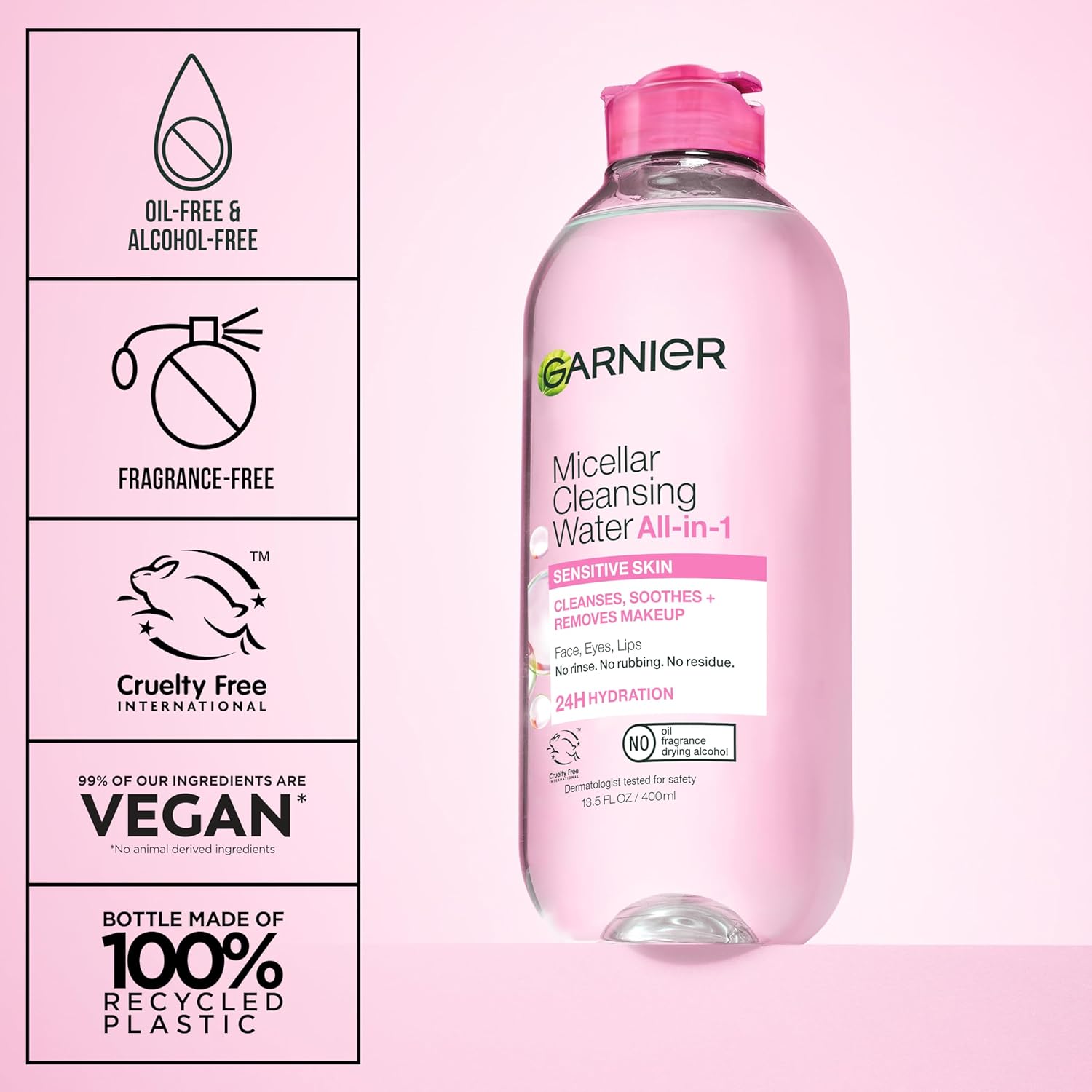 Garnier Micellar Water, Hydrating Facial Cleanser & Makeup Remover, Suitable for Sensitive Skin, Vegan, Cruelty Free, 13.5 Fl Oz (400mL), 1 Count
