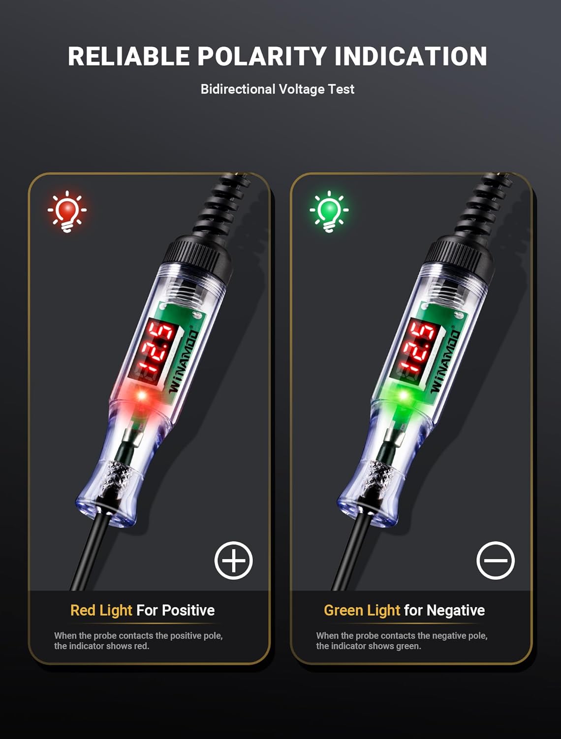 WINAMOO Automotive Test Light with 3-48V LED Digital Voltage Display, Auto Circuit Tester with Voltmeter & Dual Color Polarity Indicate, Electric Test Pen w/Stainless Probe for Car/Truck/SUV Checker