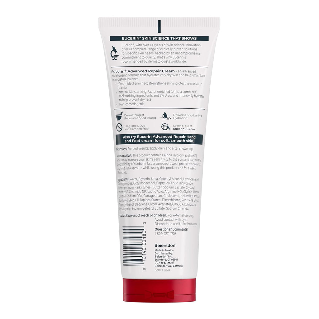 Eucerin Advanced Repair Body Cream for Very Dry Skin, Fragrance Free Daily Body Moisturizer, 8 Oz Tube