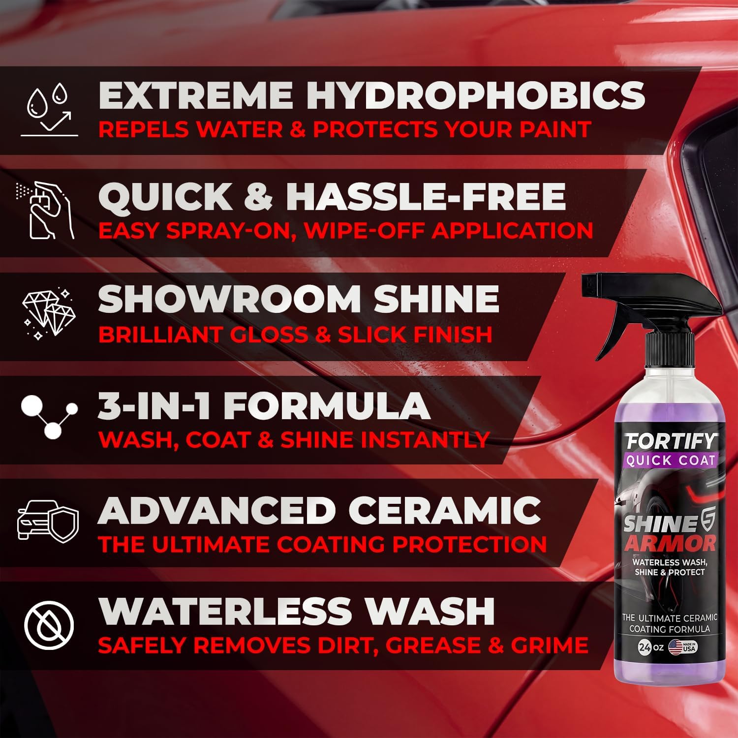 Car Wax Spray and Ceramic Coating for Cars - 3 in 1 Waterless Car Wash and Detailing - Quick Effect Coating Agent for Car - High Gloss Top Coat, Shiny Car Stuff by Shine Armor - Protective Wax 16FlOz