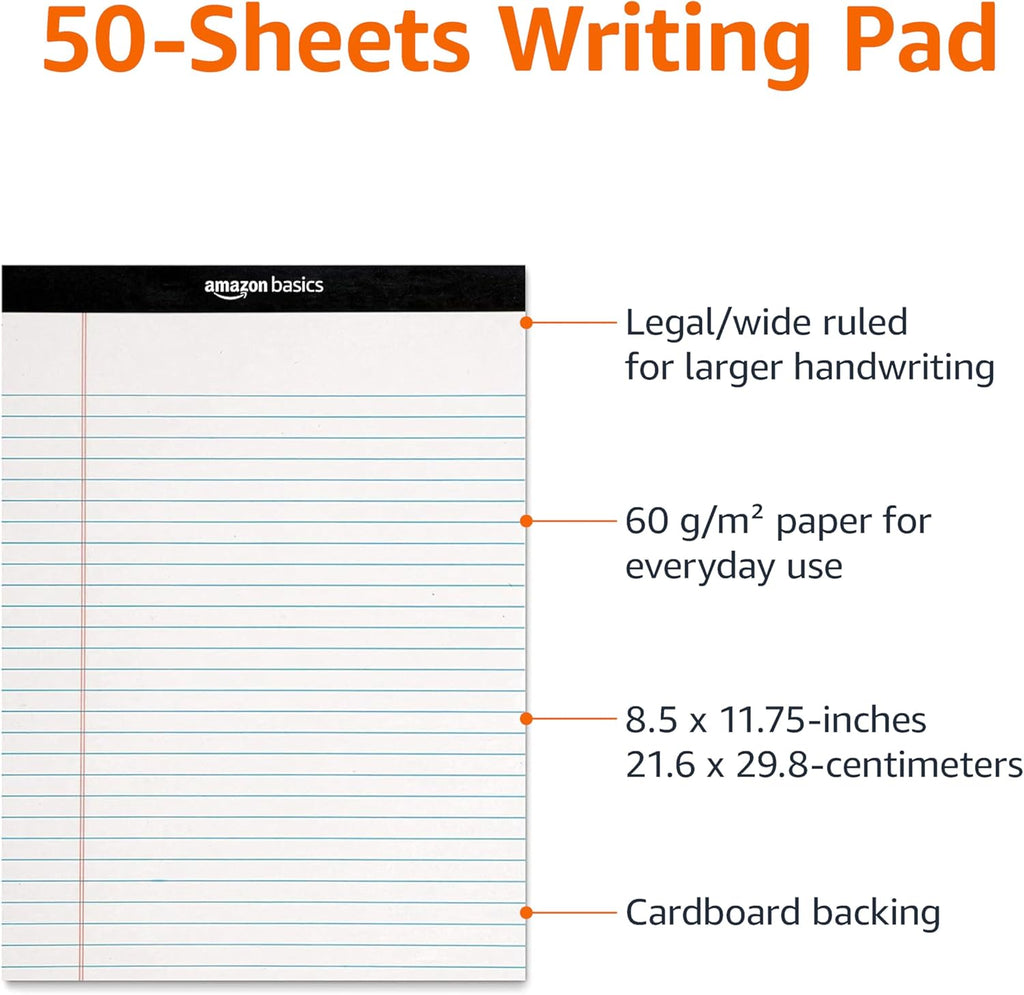 Amazon Basics Wide Ruled Lined Writing Note Pads for Office Supplies, 8.5" x 11.75", White, 12-Pack of 50 Perforated Sheets