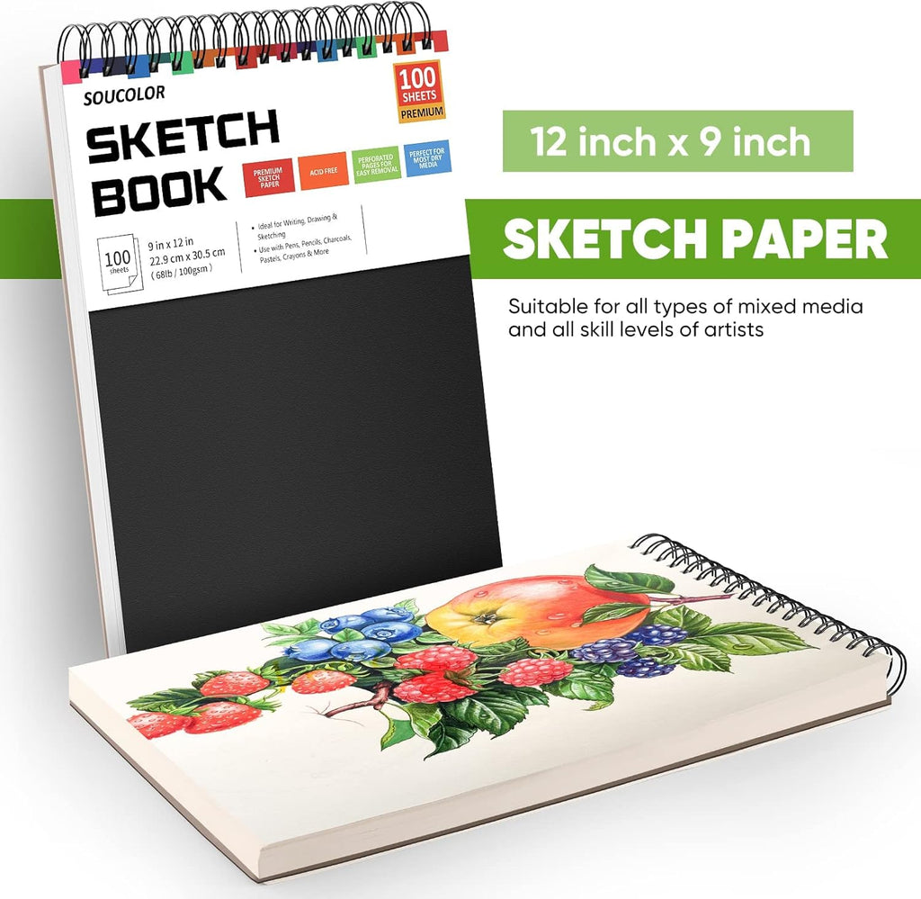 Soucolor 9" x 12" Sketch Book, 100 Sheets Top Spiral Bound Sketchbook with Acid-Free 68lb/100gsm Thick Drawing Paper, Art Sketch Pad for Kids, Adults & Artist, Professional Art Supplies for Beginners