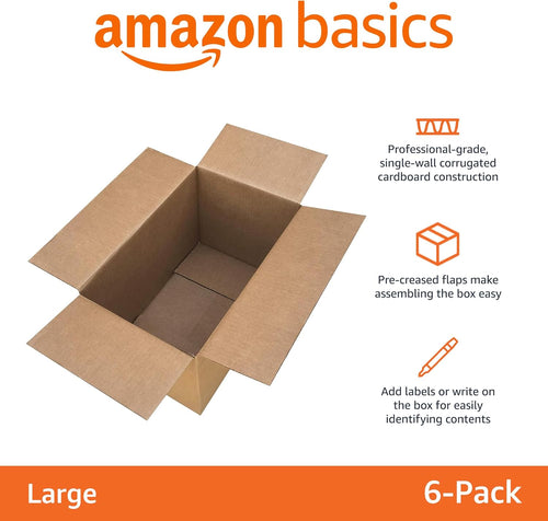 Amazon Basics Cardboard Moving Boxes for Packing and Shipping, Large Size, 20" x 20" x 15", Brown, 6-Pack