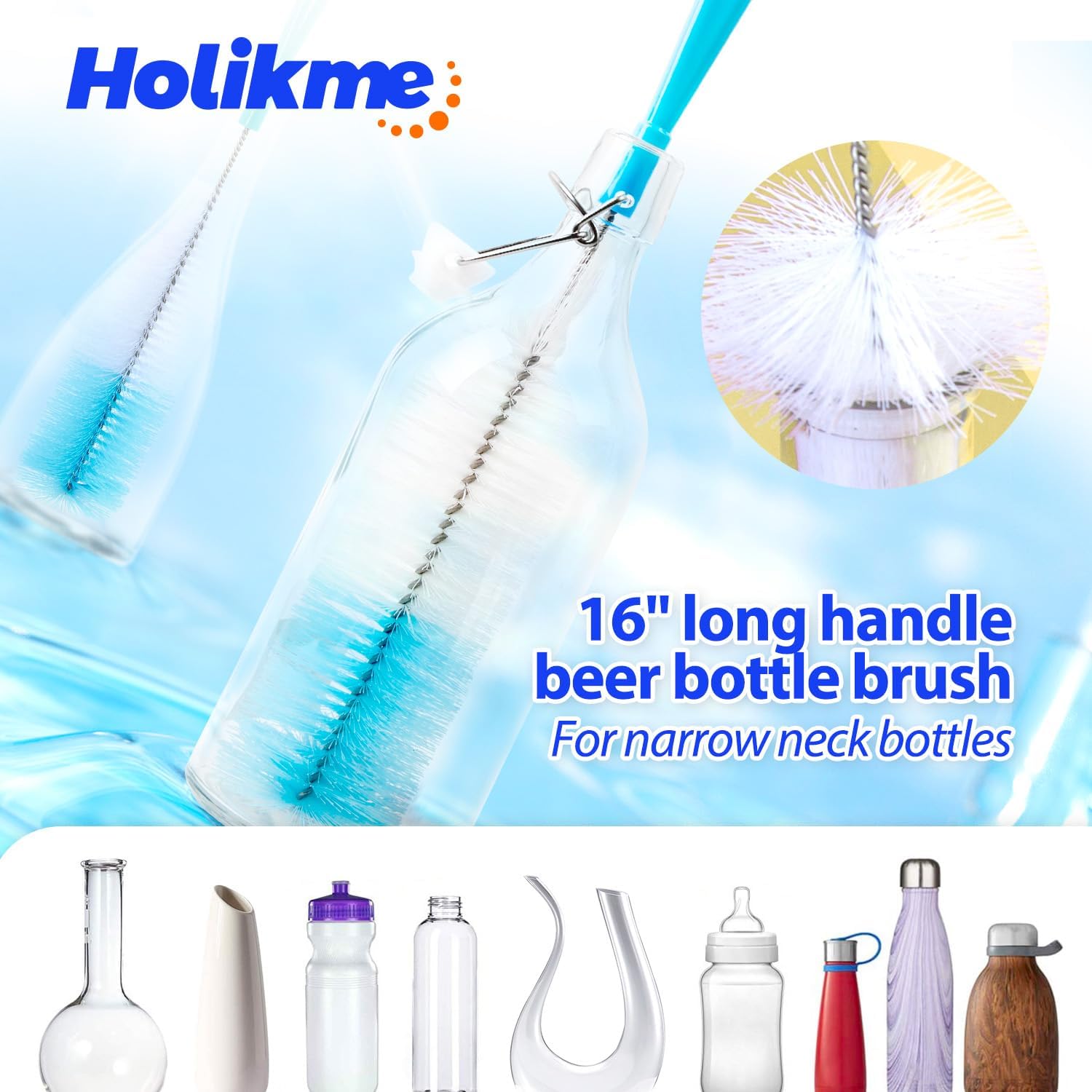 Holikme Bottle Brush Tube Cleaning Lab Set with Long Handle, Cup Cleaner for Washing Narrow Neck Beer Wine Decanter Pipes Lids Sinks Cap Covers, White