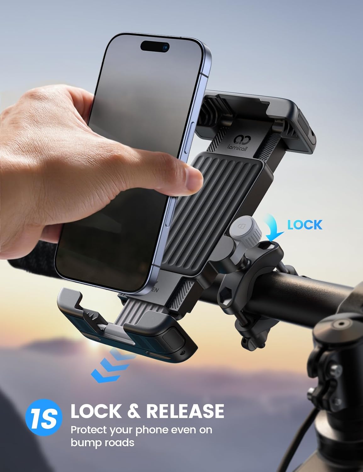 Lamicall Bike Motorcycle Phone Mount - [1s Quick Lock] Bike Cell Phone Holder Clip, Bicycle Scooter Handlebar Clamp, for iPhone Air, 17 16 15 Pro Max, Galaxy S25 S24 Ultra, 6-7.2" Phones