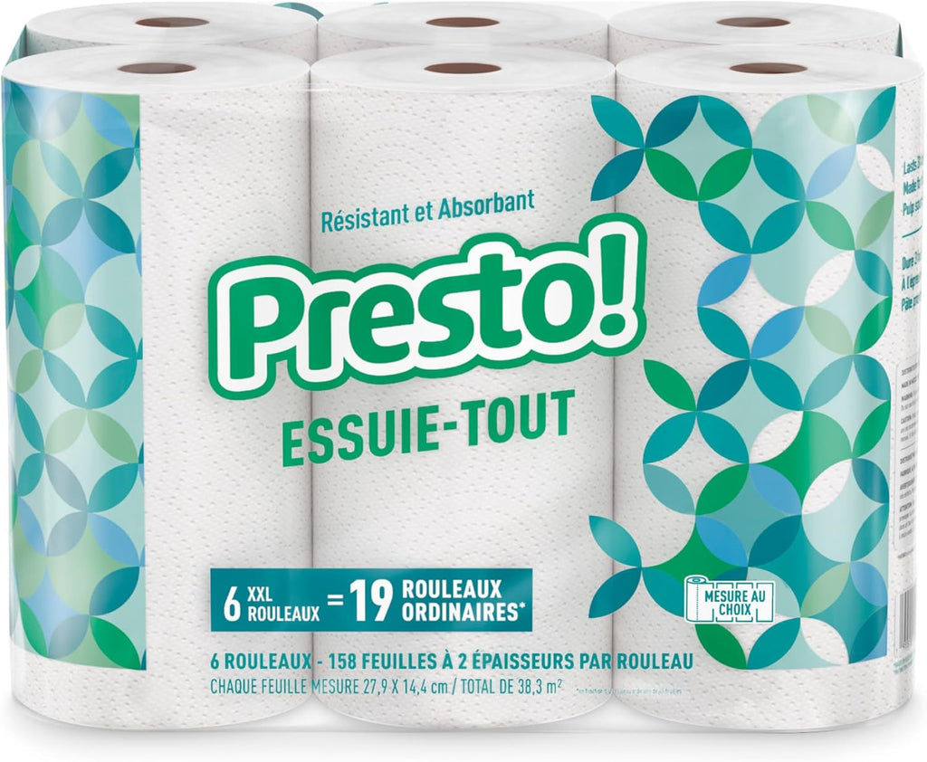 Amazon Brand - Presto! Ultra-Strong Premium Paper Towels, 158 Sheet Huge roll - Flex-a-Size, 6 Rolls, Equivalent to 19 Regular Rolls, White