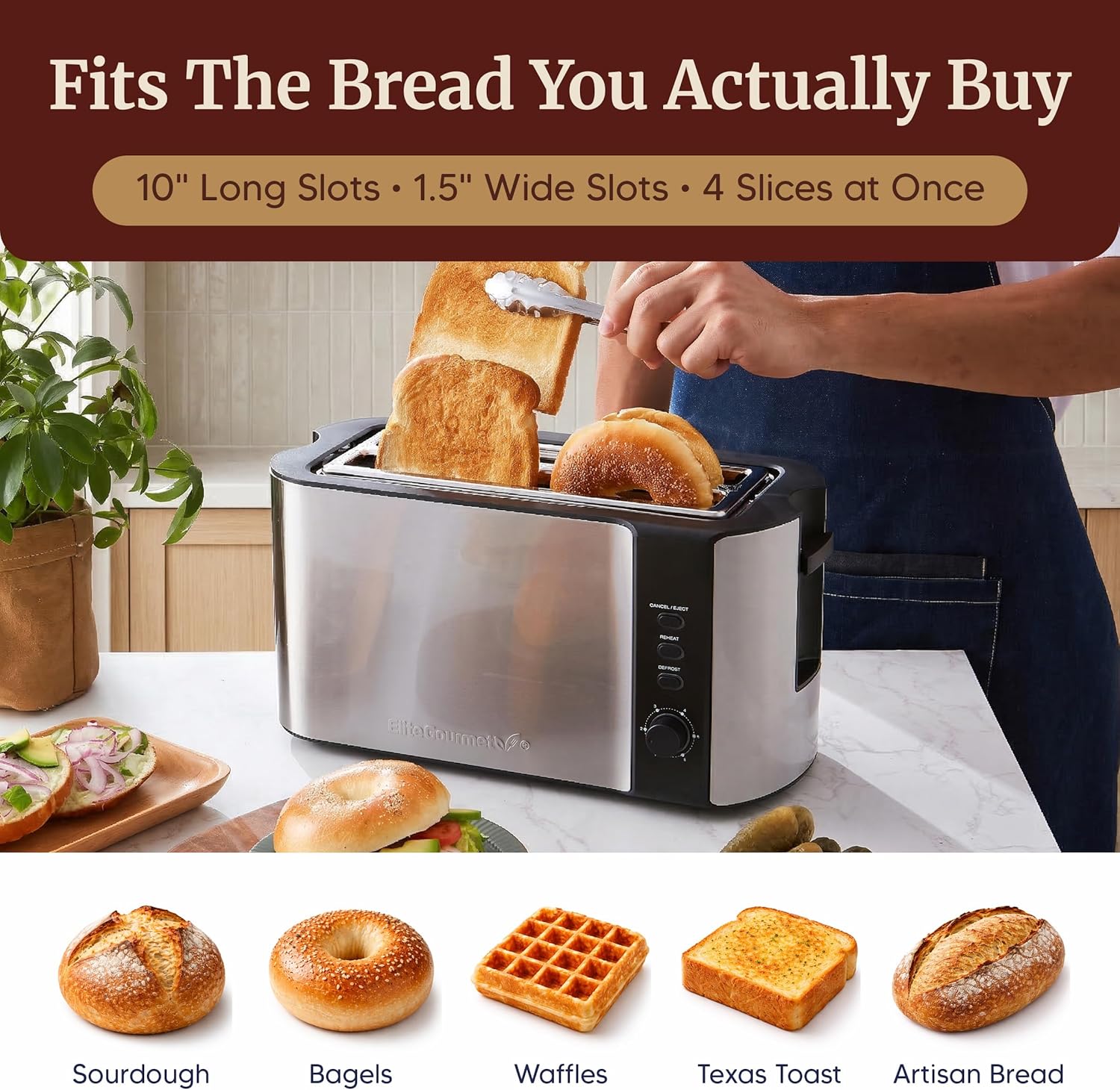 Elite Gourmet ECT-3100 4-Slice Long Slot Toaster | Extra Wide Slots for Bagels, Sourdough & Texas Toast | 6 Browning Settings | Reheat, Defrost & Cancel | Built-In Warming Rack | Stainless Steel