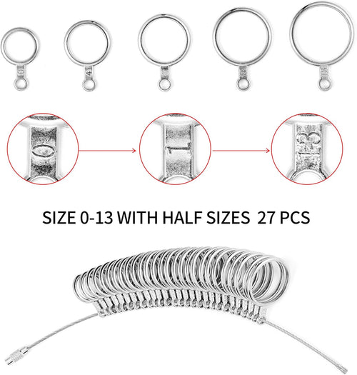Bflaae Ring Sizer Measuring Tool Kit, 27 PCS Stainless Steel Measuring Ring Tool, US Ring Size 0-13 with Half Size, 2 PCS Reusable Finger Size Tape with Magnified Glass 1-17 USA Rings Size