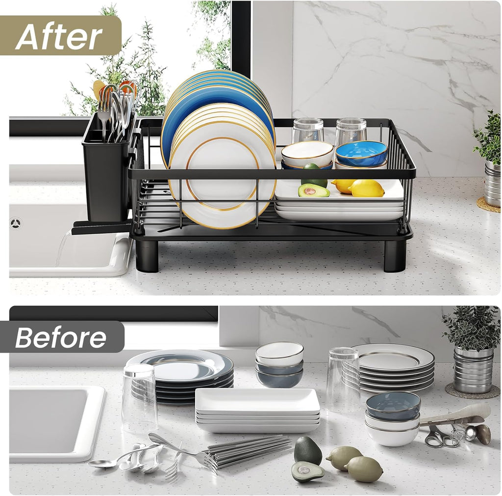 SNTD Dish Drying Rack - Space-Saving Dish Rack for Kitchen Counter, Stainless Steel Dish Drainer with Utensil Holder and Drainboard, 11" W x 15" L (Black)