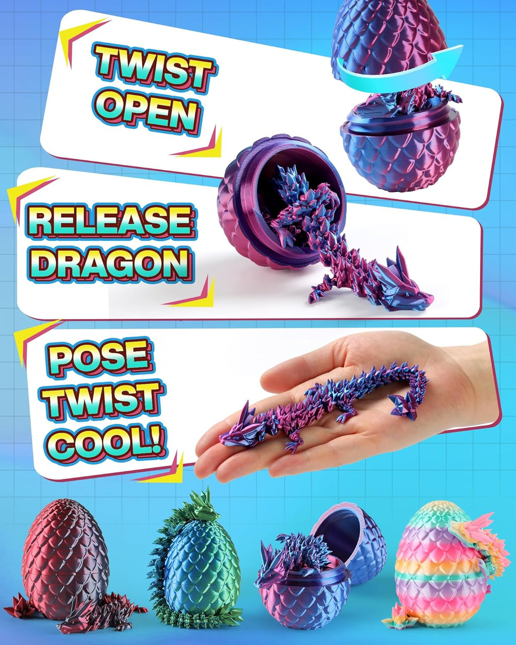 Rapean 8" 3D Printed Dragon Eggs, Easter Basket Stuffers for Kids and Teens, Unique Easter Toys & Decor for Children, Mysterious Dragon Toys Gifts for Boys & Girls (4 Pack)