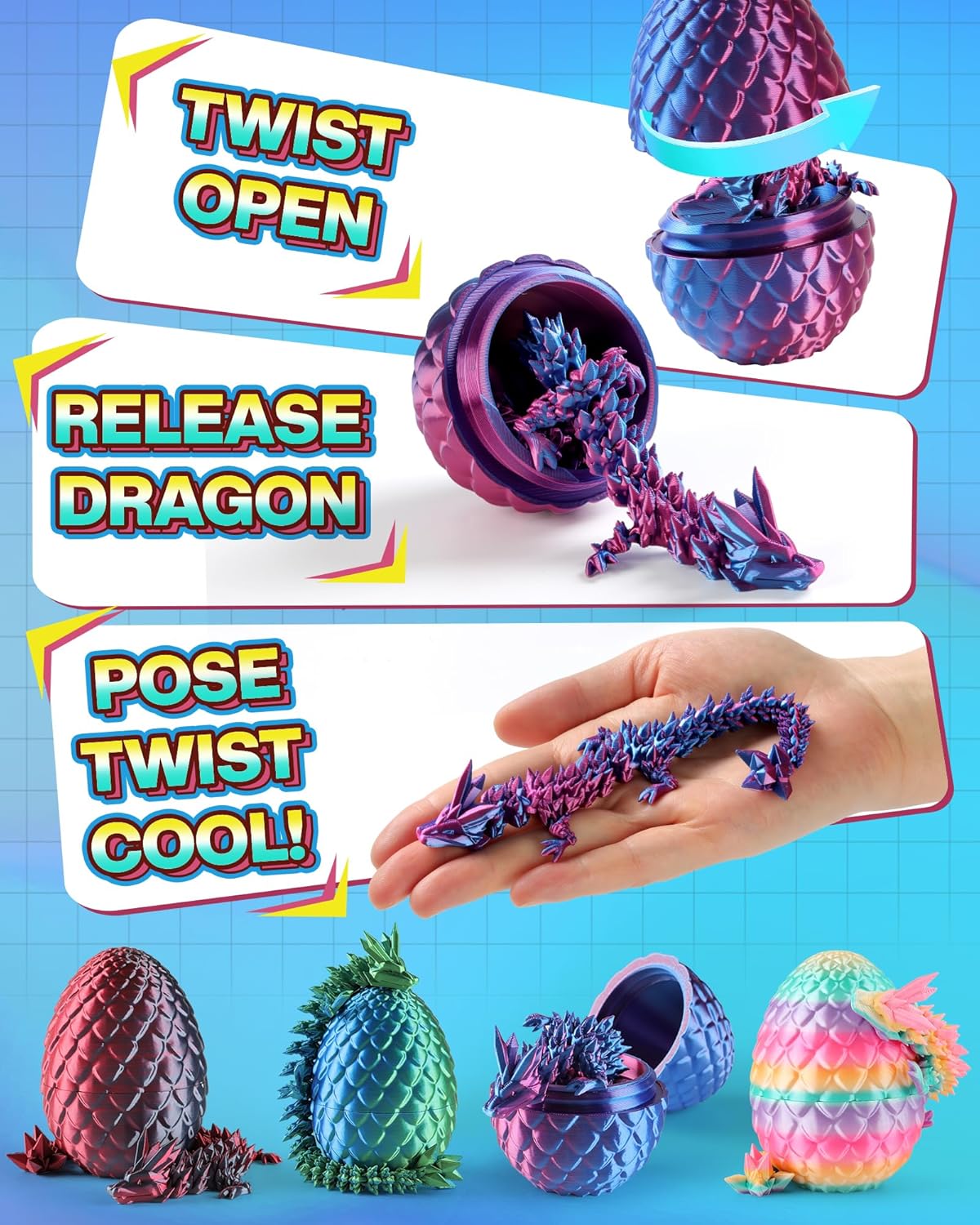 Rapean 8" 3D Printed Dragon Eggs, Easter Basket Stuffers for Kids and Teens, Unique Easter Toys & Decor for Children, Mysterious Dragon Toys Gifts for Boys & Girls (4 Pack)