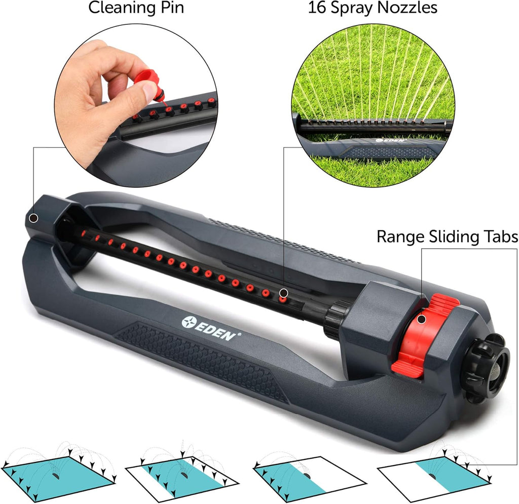 Eden 96213 Essential Turbo Oscillating Water Sprinkler, Covers Up to 3,600 sq. ft., 16 Nozzles, Weighted Base, Adjustable Range, Quick Connect Bundle, Dark Grey, Red, Silver