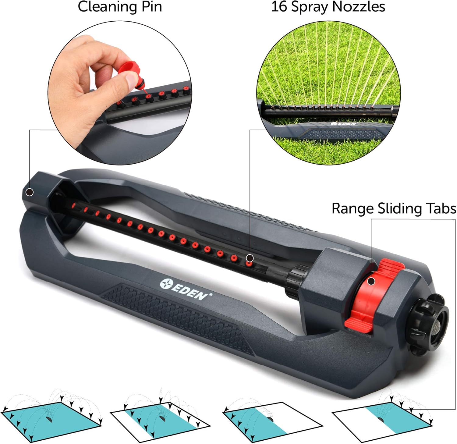 Eden 96213 Essential Turbo Oscillating Water Sprinkler, Covers Up to 3,600 sq. ft., 16 Nozzles, Weighted Base, Adjustable Range, Quick Connect Bundle, Dark Grey, Red, Silver