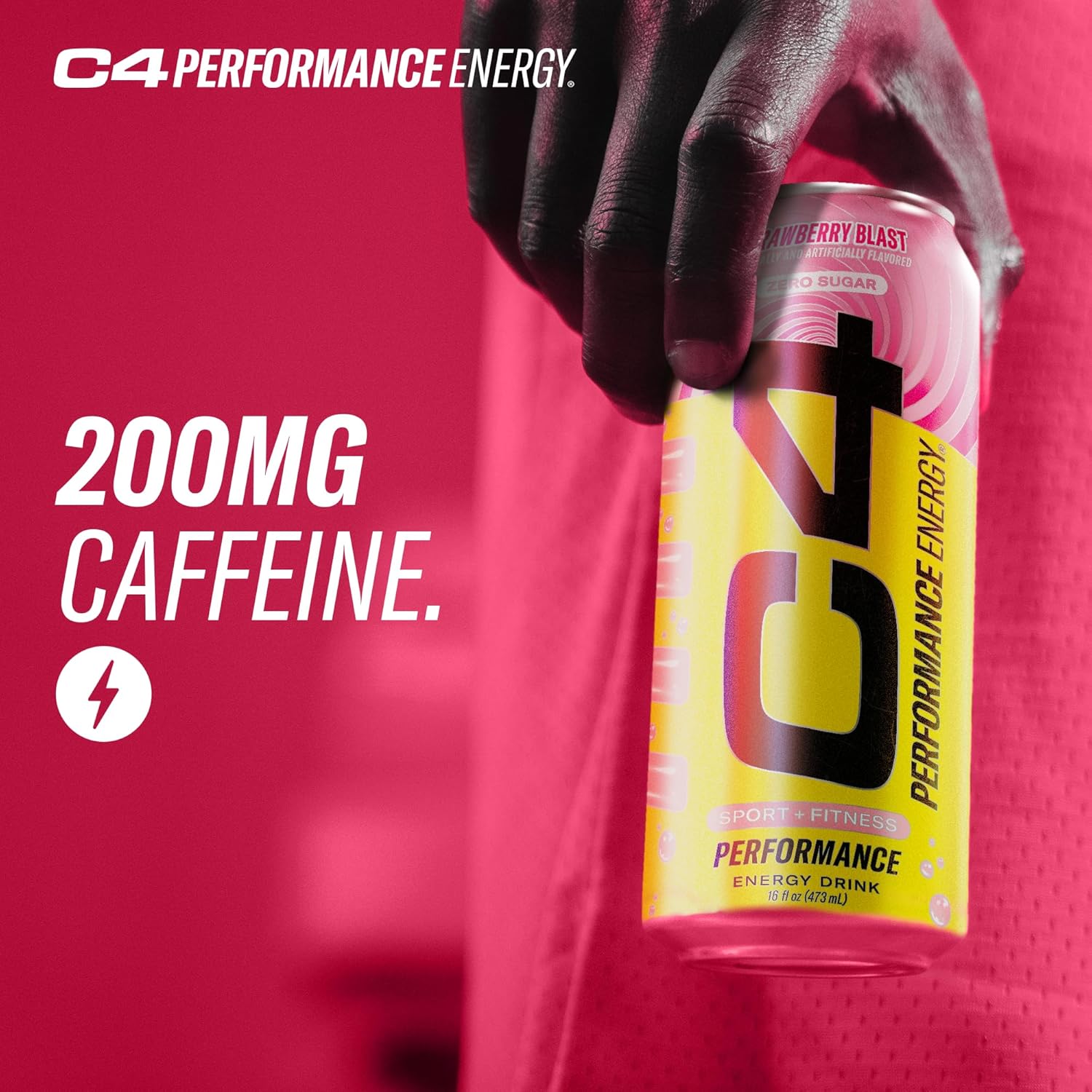 C4 Performance Energy Drink | Strawberry Blast | Zero Sugar Carbonated Preworkout Energy | 200mg Caffeine with Beta Alanine | 16 Fl Oz (12 Pack)