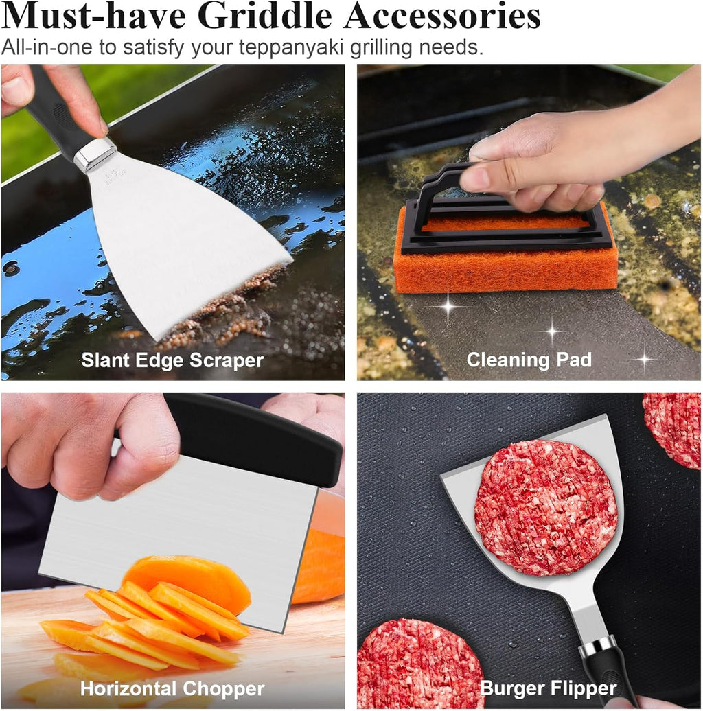 Grilliance 27pcs Griddle Accessories Kit for Blackstone, Professional Hibachi Flat Top Grill Tools, Enlarged Spatula Gift Set with Basting Cover，Burger Press Patty Maker for Outdoor BBQ Teppanyaki