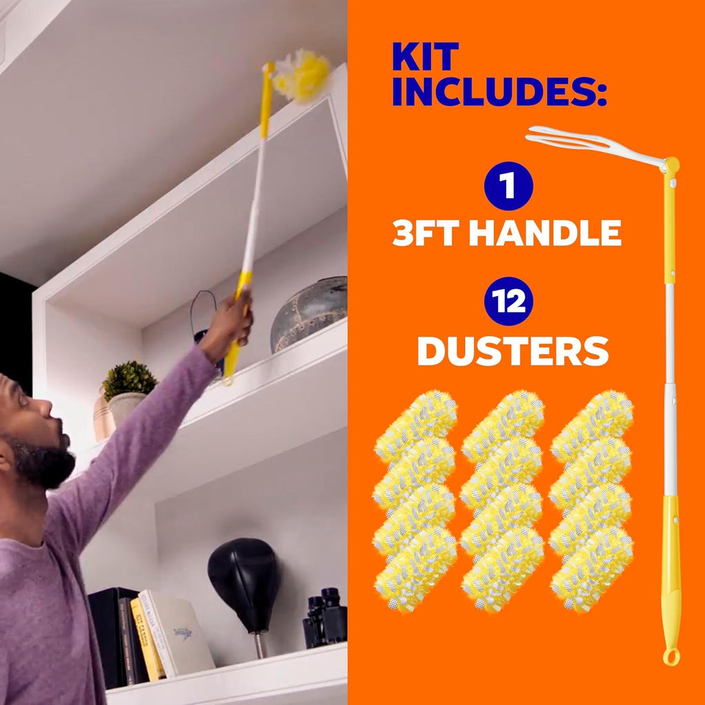 Swiffer Duster Kit with 3 ft Extendable Handle, Heavy Duty Dusting Starter Kit with 12 Refills, for Ceiling Fans, Vents and Hard to Reach Places