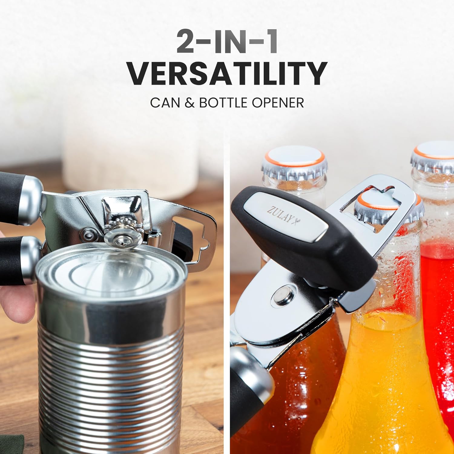 Zulay Kitchen Heavy Duty Stainless Steel Can Opener Manual with Bottle Opener - Rust Proof Manual Can Opener With Turn Knob & Comfy Soft Grip Handles - Black