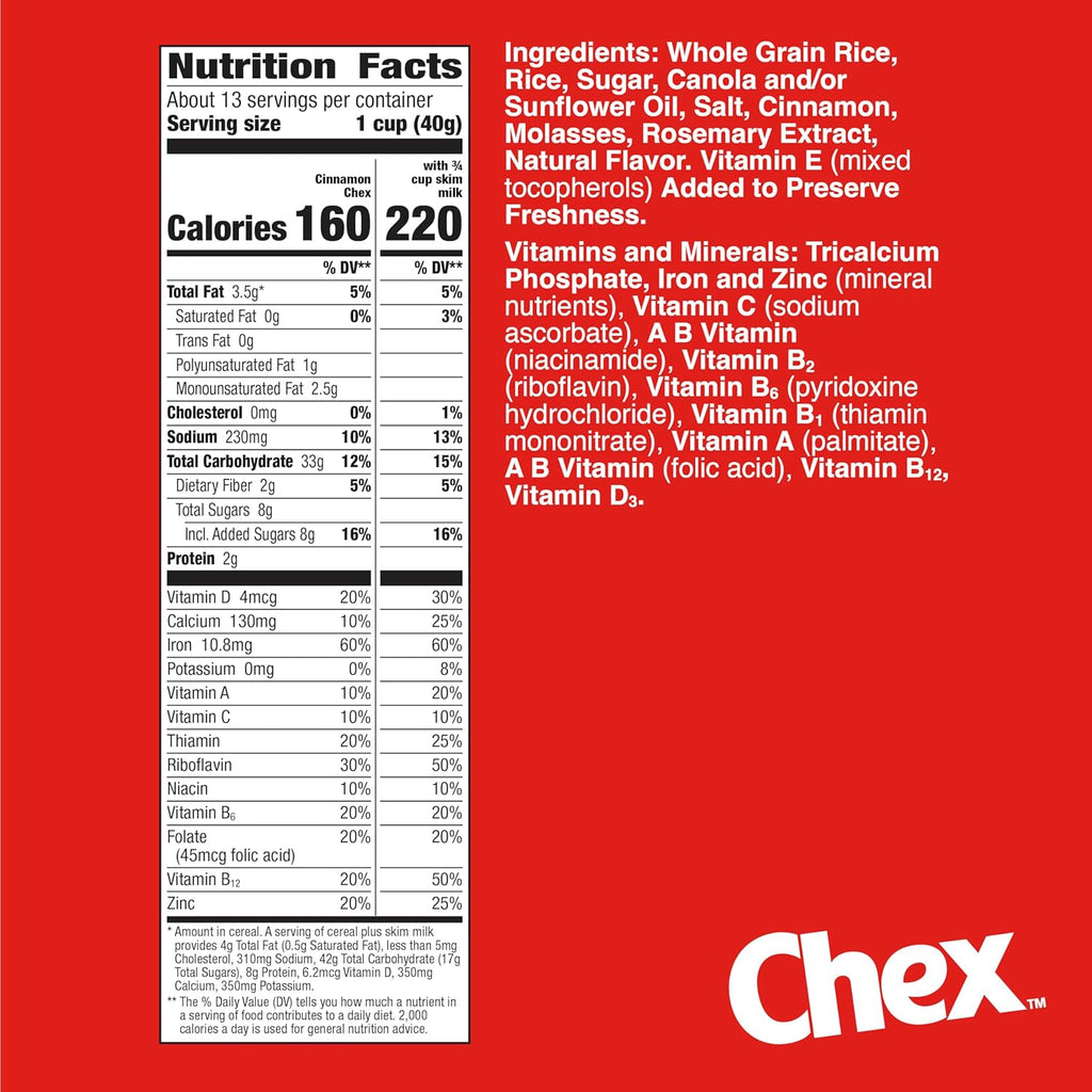 Cinnamon Chex Cereal, Gluten Free Breakfast Cereal, Made with Whole Grain, Family Size, 19.2 oz