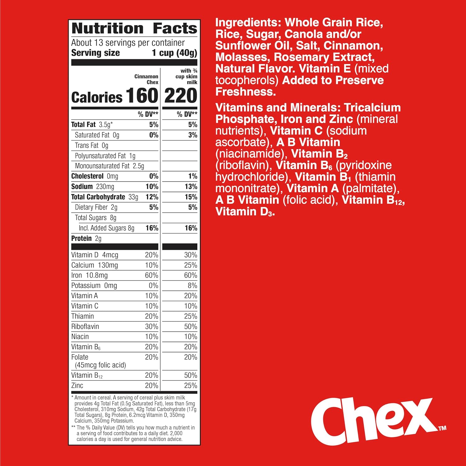 Cinnamon Chex Cereal, Gluten Free Breakfast Cereal, Made with Whole Grain, Family Size, 19.2 oz