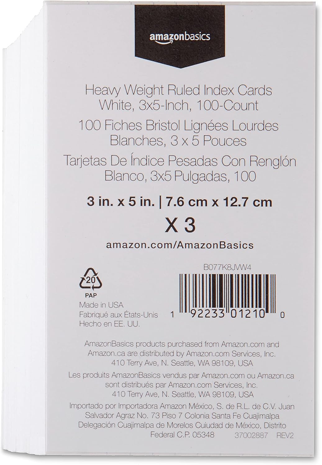 Amazon Basics Heavy Weight Ruled Index Cards for Studying and Note Taking, White, 3" x 5", 300 Count (Pack of 3)