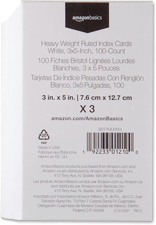 Amazon Basics Heavy Weight Ruled Index Cards for Studying and Note Taking, White, 3" x 5", 300 Count (Pack of 3)