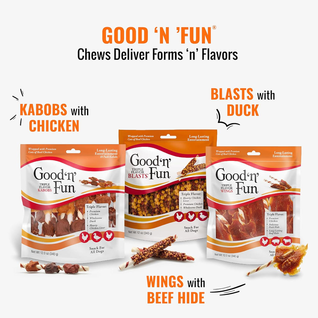 Good ‘n’ Fun Triple Flavor Wings Chews for All Dogs, 12 Ounces, Treat Your Dog to Long-Lasting Chews Made from Chicken, Pork Hide and Beef Hide