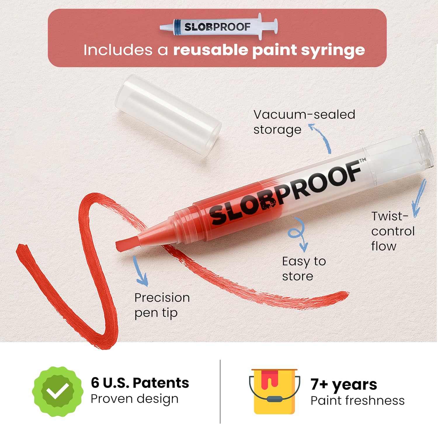 Slobproof Refillable Touch-Up Paint Pen, Mess-Free, Reusable Wall Paint Repair Tool, Precise Application, DIY Home Improvement, Furniture, Arts and Crafts, Patented Design, Easy Storage, Pack of 2