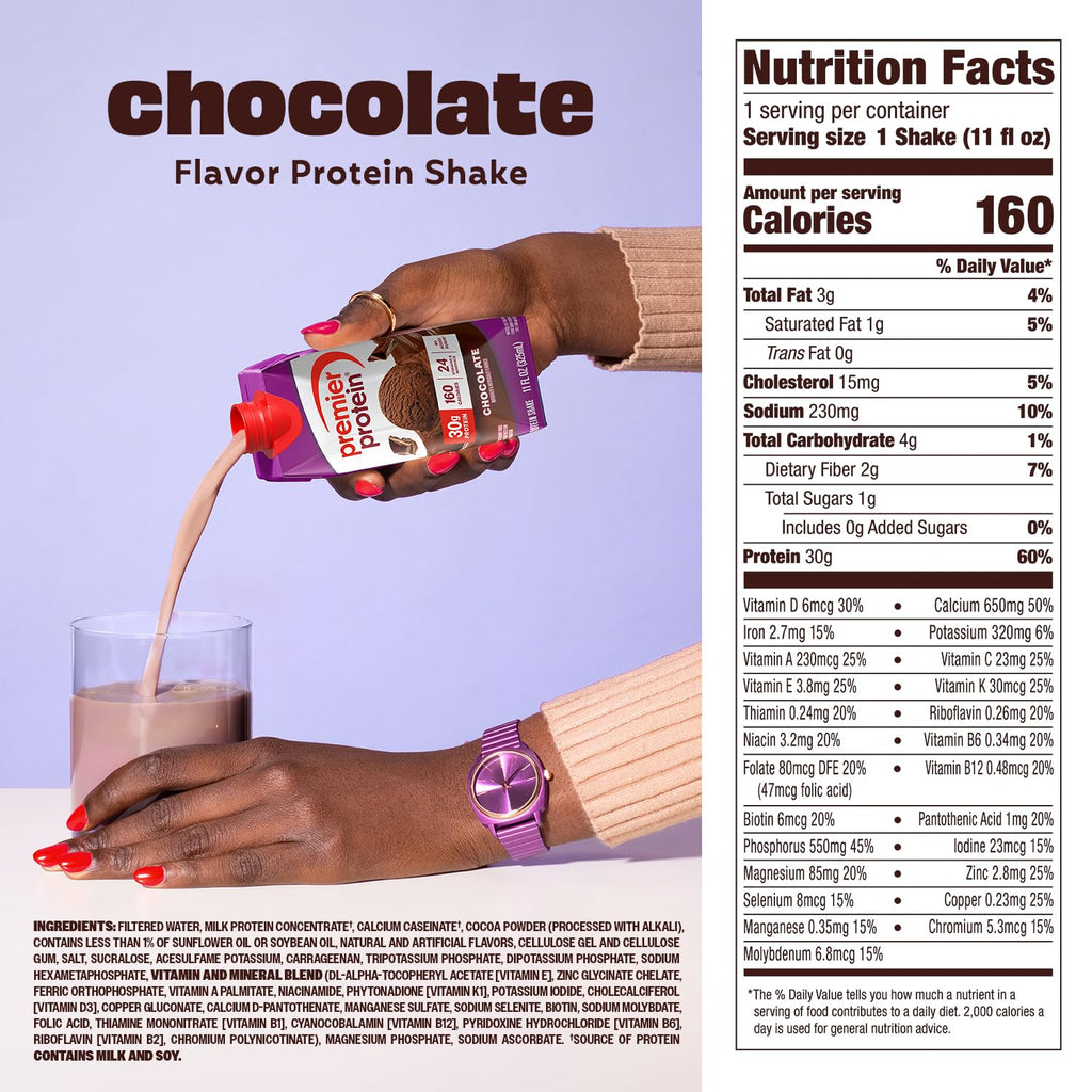 Premier Protein Shake, Chocolate, 30g Protein, No Added Sugar, 24 Vitamins & Minerals to Support Immune Health, 11 fl oz, 12 Pack