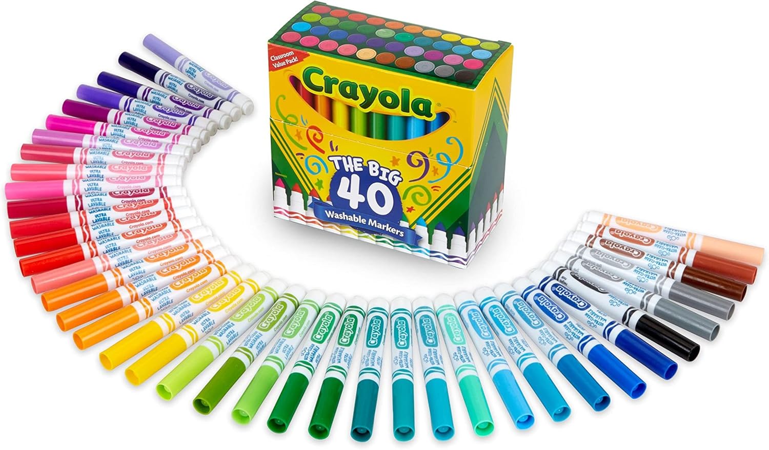 Crayola Ultra Clean Washable Markers (40ct), Broad Line Colored Markers for Kids, Coloring Book & Art Marker Set, Gifts for Kids. Ages 3+
