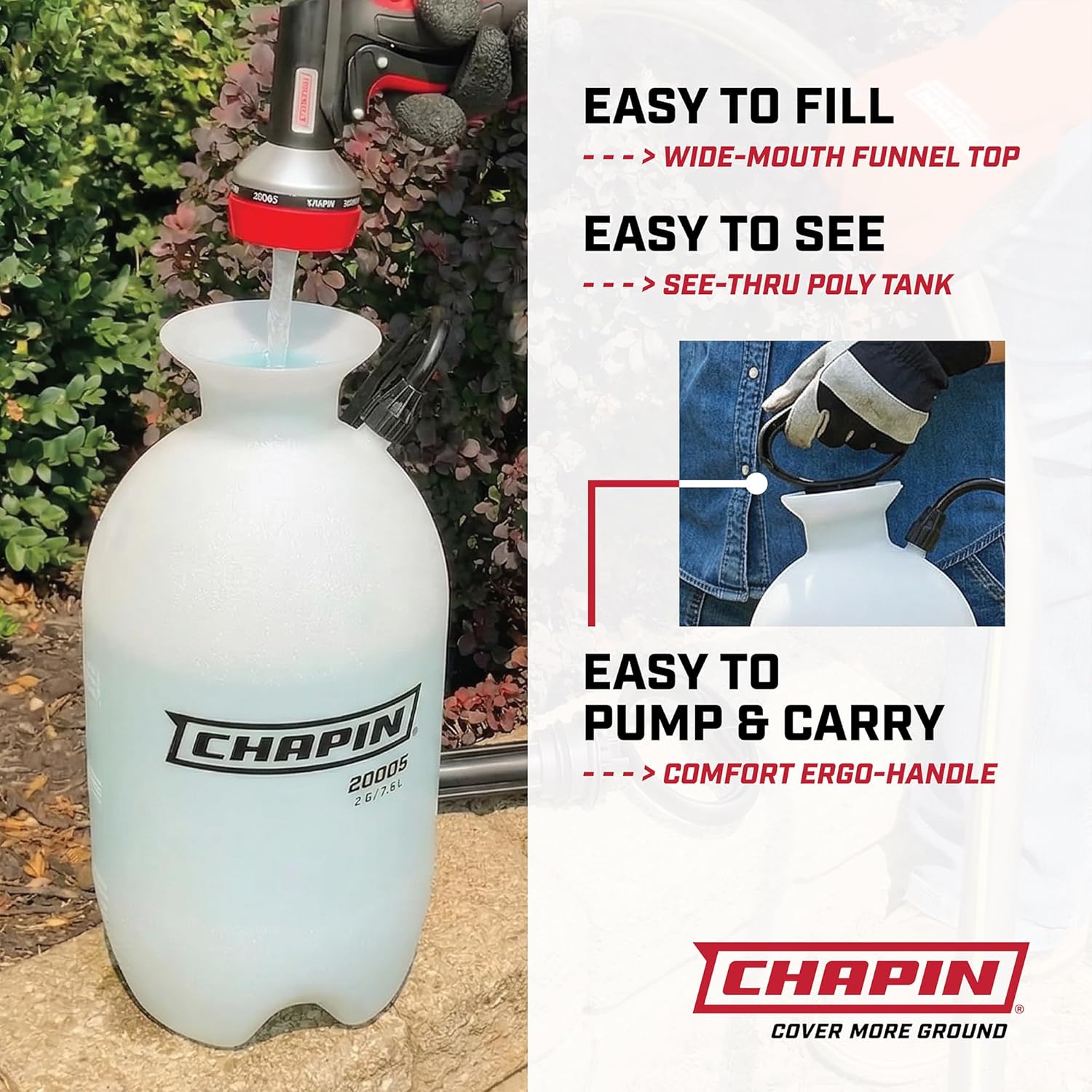 Chapin 20004 Pump Sprayer, 1-Gallon SureSpray Translucent Tank with an Easy Fill Funnel-Top Opening, Adjustable Cone Nozzle & 34" Long Reach Hose, Used for Fertilizer, Pesticides, Weeds & Pests