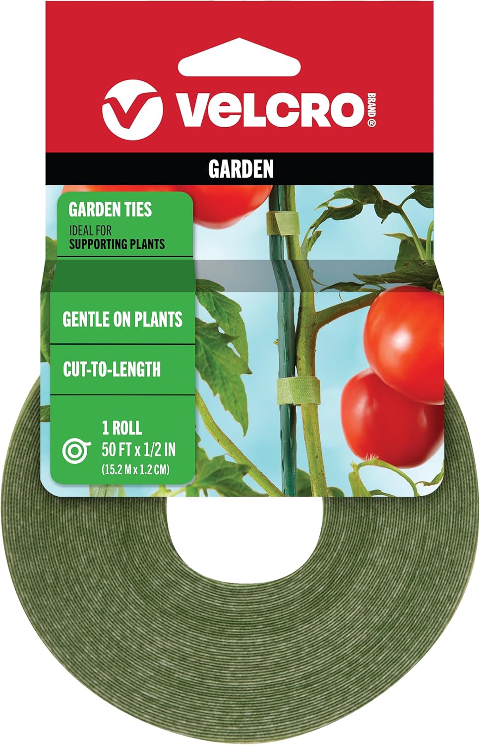 VELCRO Brand VEL-30071-USA ONE-WRAP Garden Ties | Plant Supports for Effective Growing | Strong Grips are Reusable and Adjustable | Cut-to-Length, 50 ft x 1/2 in, Green-Recycled Plastic