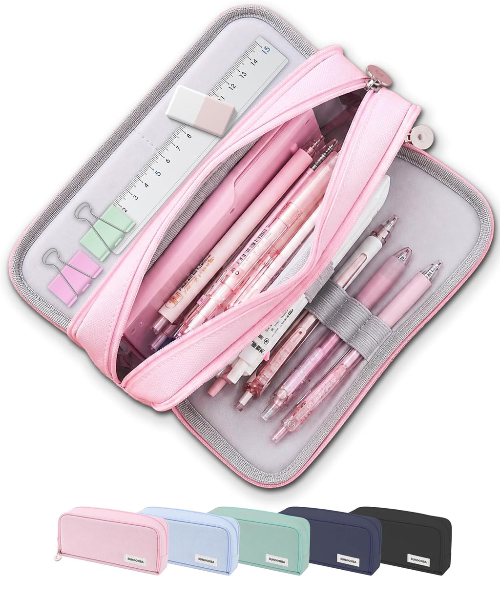 FAHZON Cute Pencil Case, 3 Large Compartments Pencil Pouch, Elastic Pen