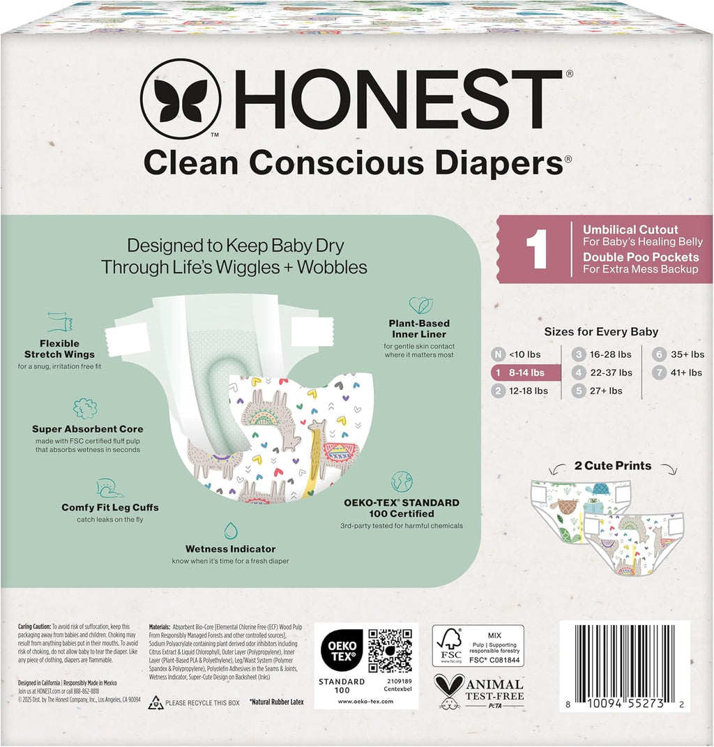 The Honest Company Comfort Dry Disposable Diapers for Sensitive Skin, Hypoallergenic, All The Alpacas + Turtle Time, Club Box Size 1 (8-14 lbs) 78 Count