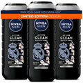 NIVEA MEN Real Madrid Limited Edition Design Active Clean Body Wash with Natural Charcoal for Normal to Oily Skin, 3-in-1 Charcoal Body Wash, Face and Hair, 16.9 Fl Oz Bottle, Pack of 3