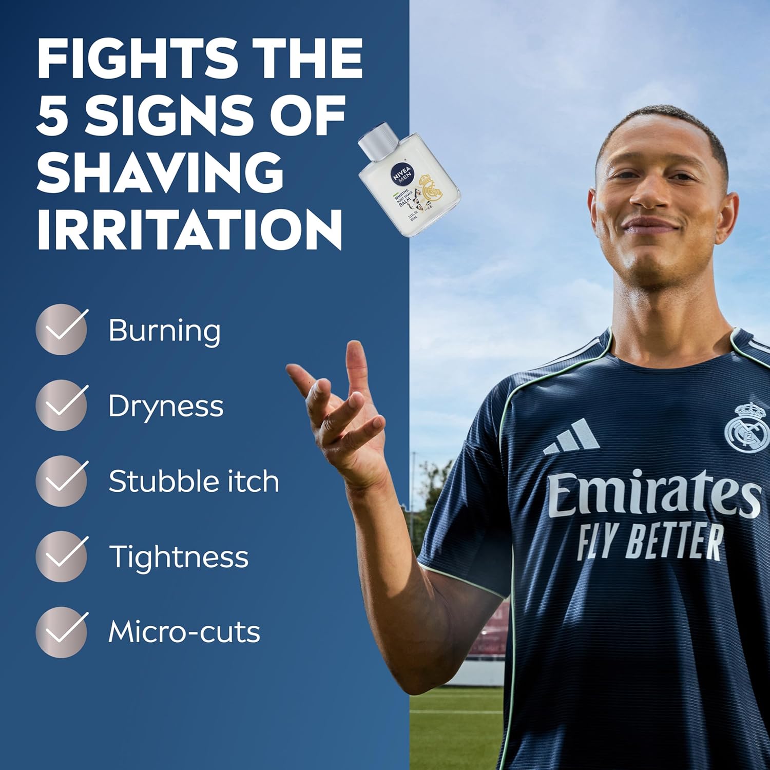 NIVEA MEN Real Madrid Limited Edition Design Sensitive Post Shave Balm, with VitaminPro Complex, Alcohol Free After Shave Balm for Men, 3.3 Fl Oz Bottle