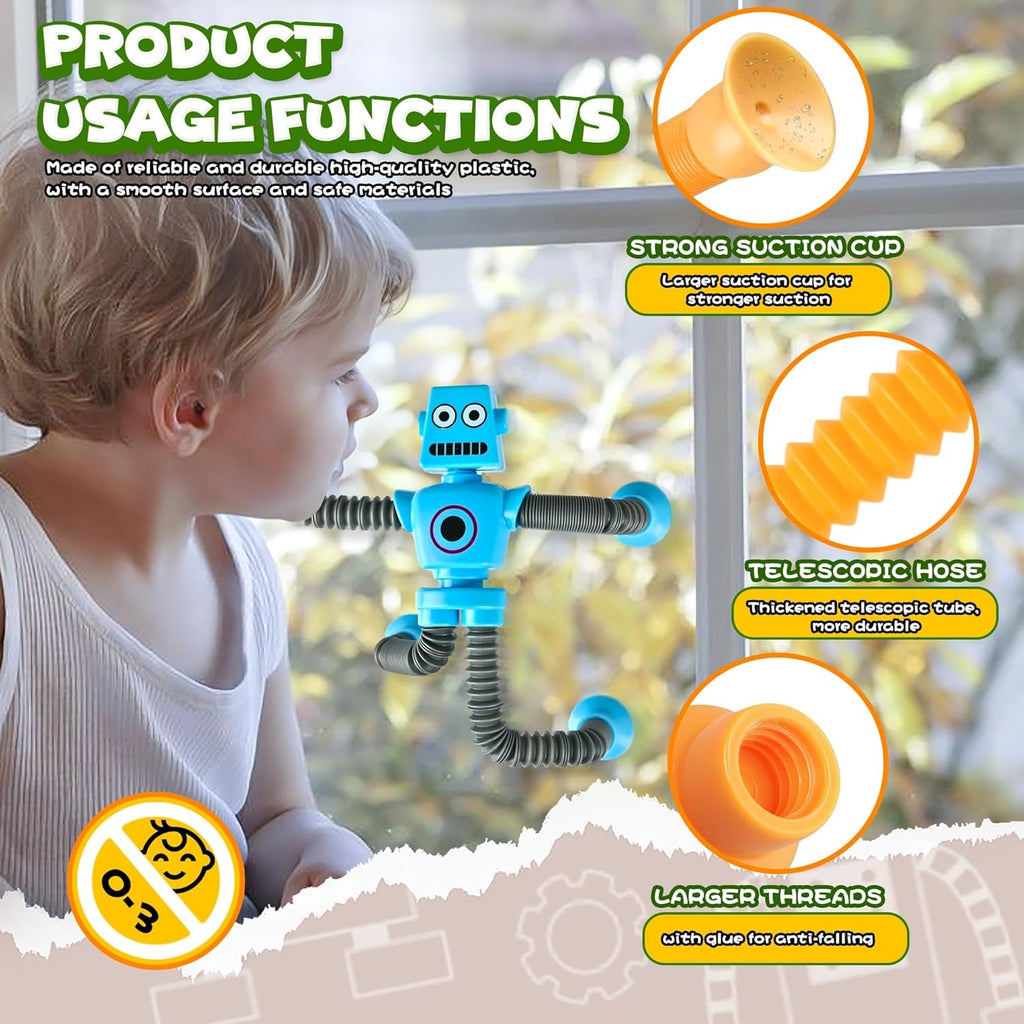 Robot Sensory Travel Roadtrip Toys 4Pcs for Toddlers Kid Boy Year Old Ages 3 4 5 6 7 8 9,Airplane Activities Suction Autism Pop Tube Fidget Toys Autistic Stocking Easter Basket Stuffer Valentine Gift