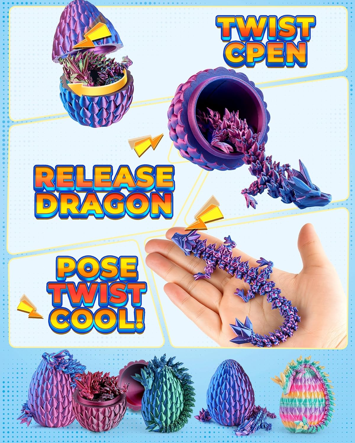 Rapean 8" 3D Printed Dragon Eggs, Easter Basket Stuffers for Kids and Teens, Articulated Dragon Toys for Children, Unique Easter Gifts for Boys & Girls (4Pack)