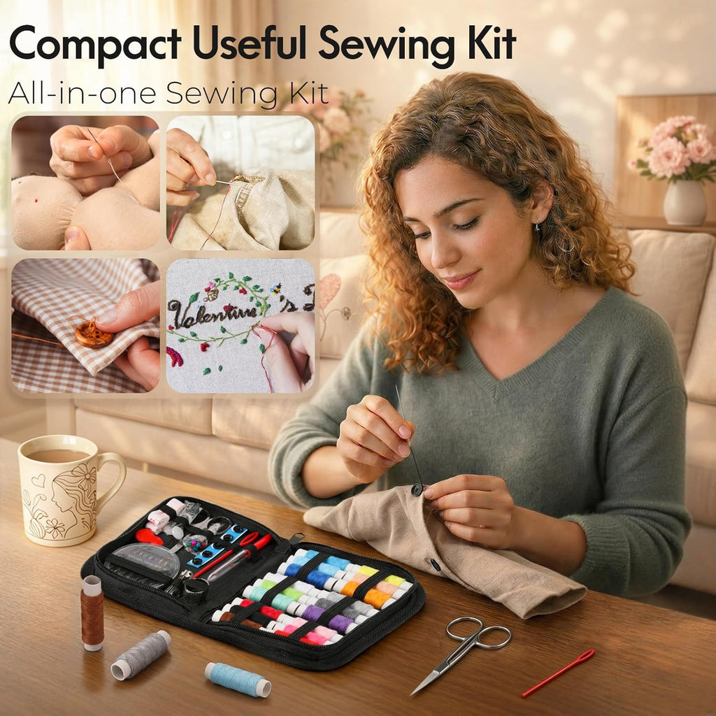 Coquimbo Sewing Kit Mothers Day Gifts for Mom Grandma Women Wife Teen Girls Beginner Traveler, Portable Sewing Supplies Accessories Contains Thread, Needles, Scissors, Dorm Room Essentials (Black)