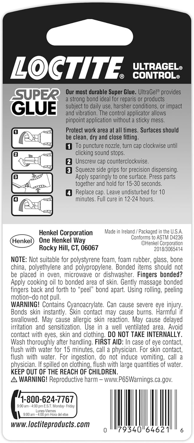 Loctite Super Glue Ultra Gel Control, Clear, 0.14 fl oz Bottle, 1 Pack - Superglue for Plastic, Wood, Metal, Crafts & Repair, Cyanoacrylate Adhesive Instant Glue, Quick Dry
