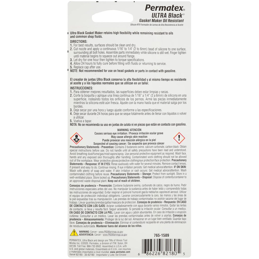 Permatex 82180 Ultra Black Maximum Oil Resistance RTV Silicone Gasket Maker, Sensor Safe and Non-Corrosive, for High Flex and Oil Resistant Applications 3 oz