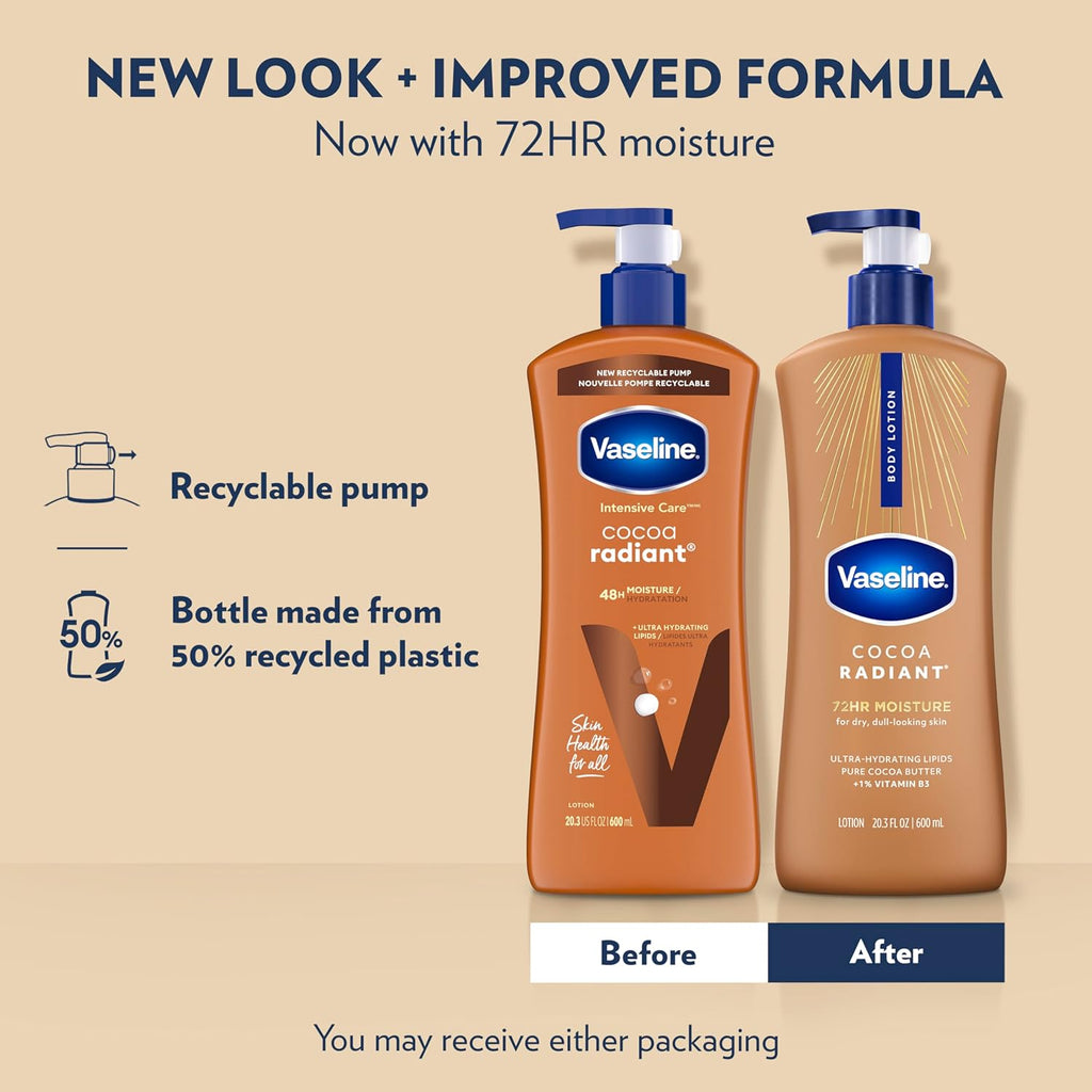 Vaseline Intensive Care Body Lotion Cocoa Radiant 3 count for Dry Skin Lotion Made with Ultra-Hydrating Lipids and Pure Cocoa Butter for a Long-Lasting, Radiant Glow 20.3 Oz