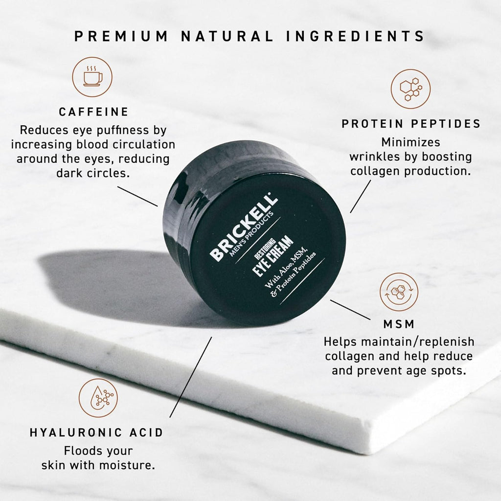 Brickell Men's Restoring Under Eye Cream for Men, Natural and Organic Anti Aging Eye Balm To Reduce Puffiness, Wrinkles, Dark Circles, Crows Feet and Under Eye Bags, 0.5 Ounce, Unscented