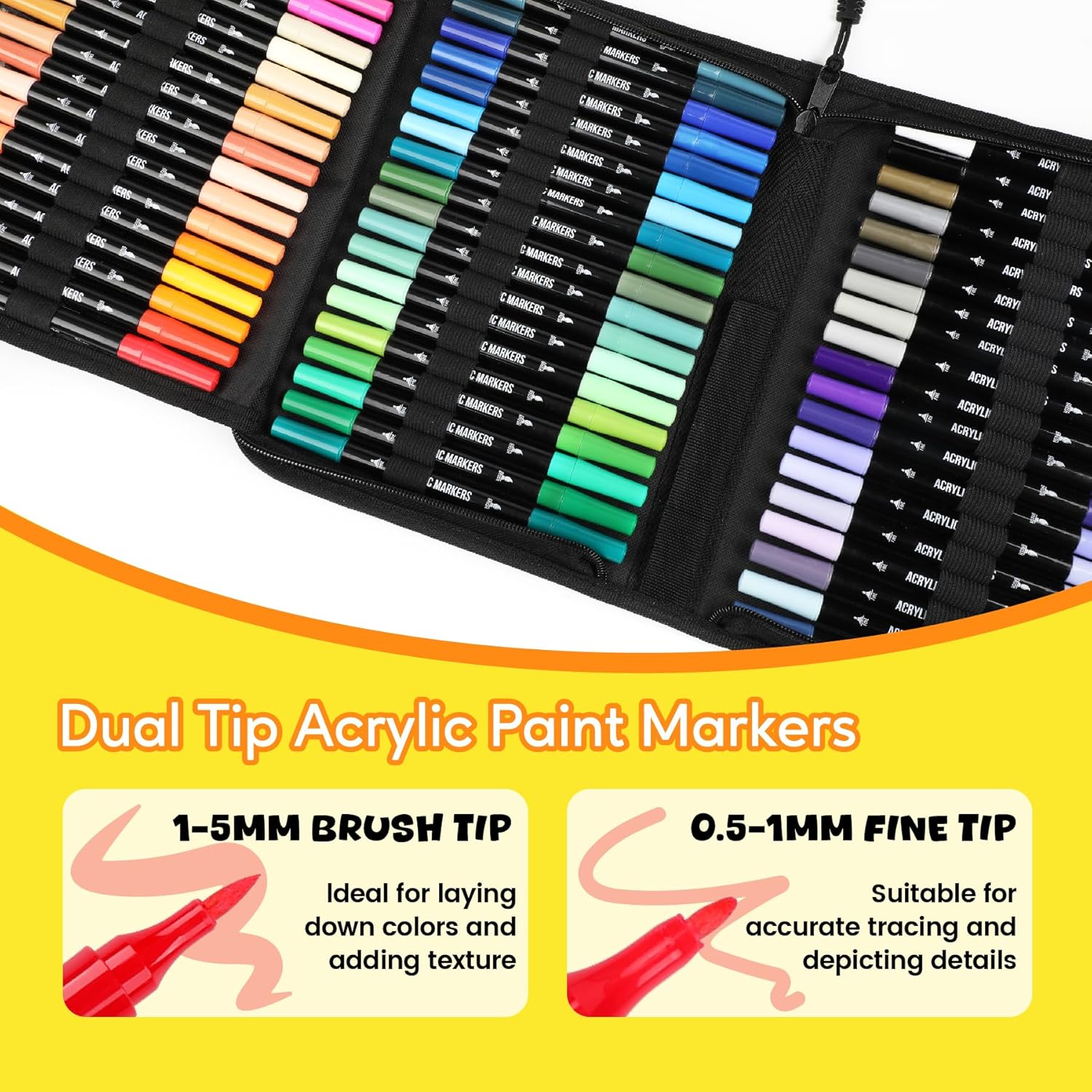 Pagather 72 Colors Acrylic Paint Markers, Dual Tip with Fine Tip and Brush Tip Pens for Stone, Wood, Calligraphy, Canvas, Ceramic, Metal, Glass, Rock Painting, DIY Crafts Art Supplies Kit