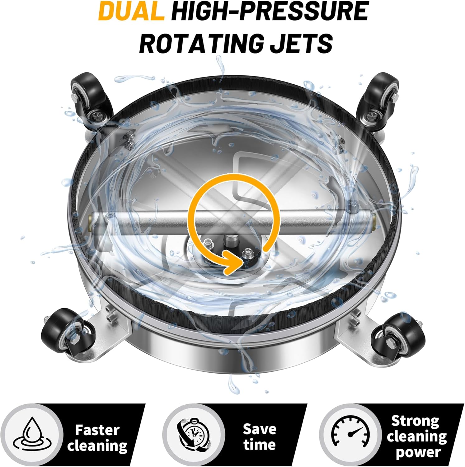 14" Pressure Washer Surface Cleaner with 4 Wheels - Stainless Steel Surface Cleaner for Pressure Washer Attachment for Concrete, Patio, Sidewalk, Deck and Driveways - PWS14