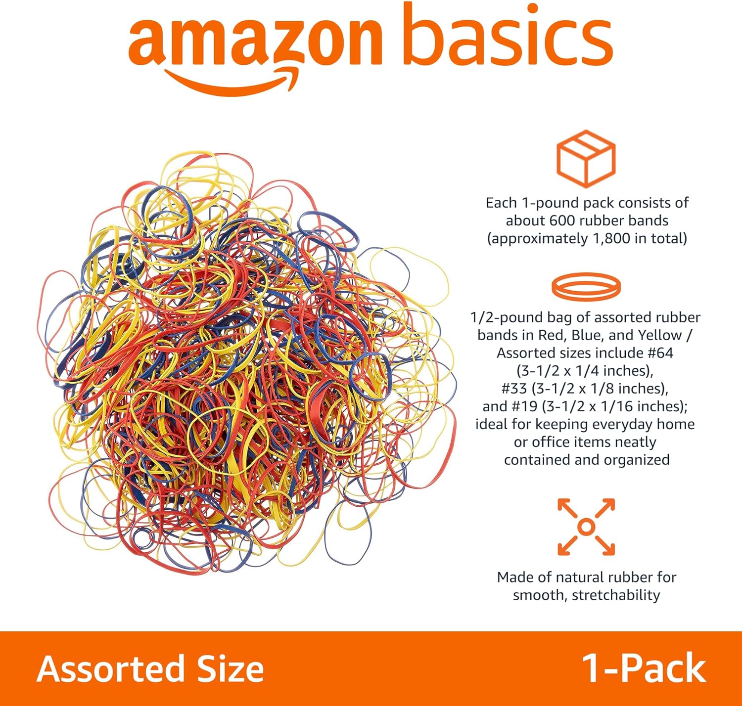 Amazon Basics Assorted Size and Color Rubber Bands, Strong Elastic Stretch Office Supplies, 0.5 lb. Variety Assortment