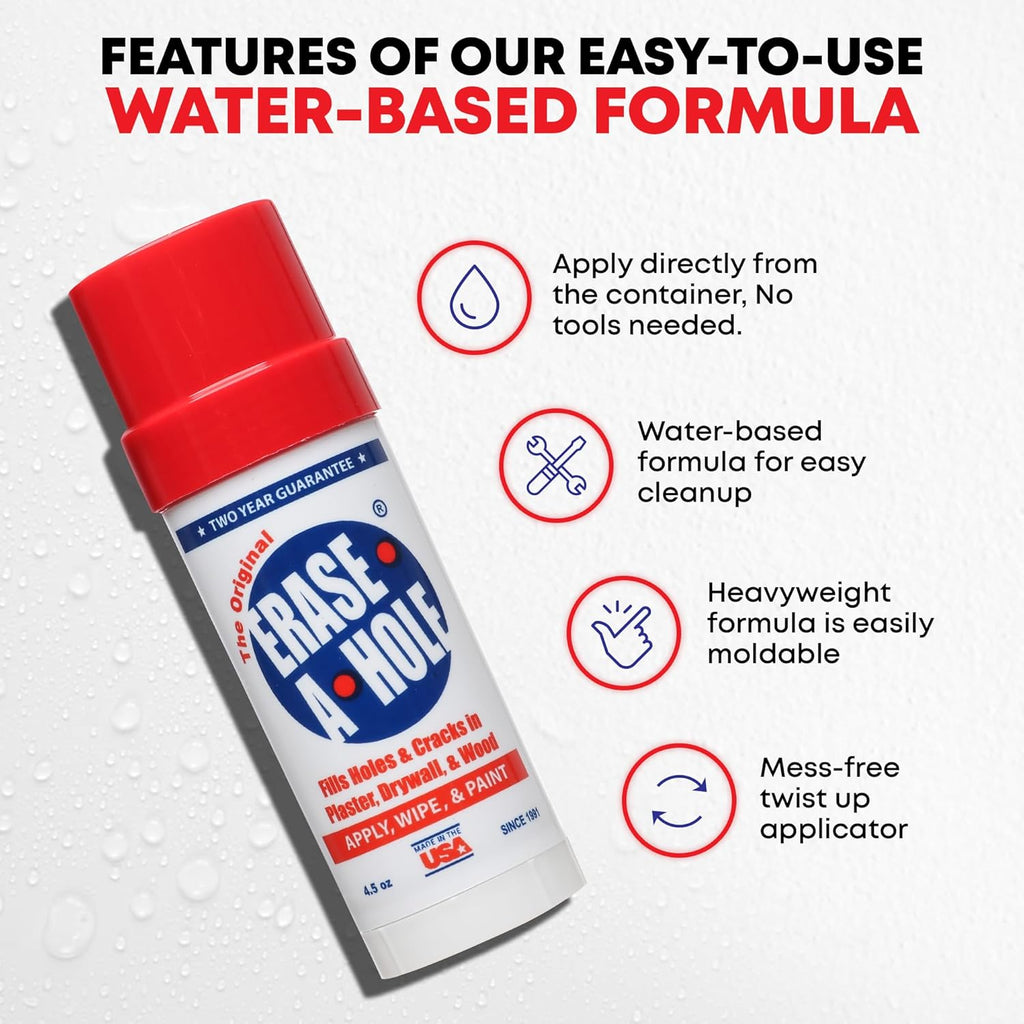 Erase-A-Hole Wall Repair Stick – Quick-Dry Nail & Screw Hole Filler for Drywall, Wood & Plaster – No Sand Spackle Alternative, Paintable Putty, 4.5 oz