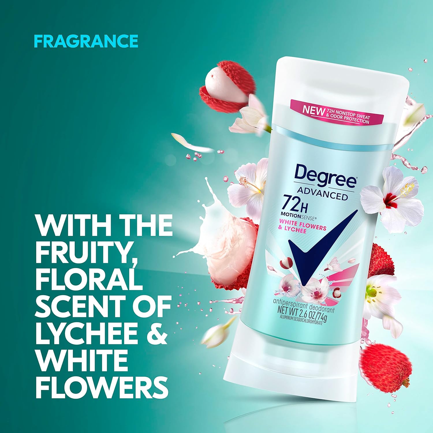 Degree Advanced Protection Antiperspirant Deodorant White Flowers & Lychee for 72-Hour Sweat & Odor Control for Women, with Body Heat Activated Technology, 2.6 oz