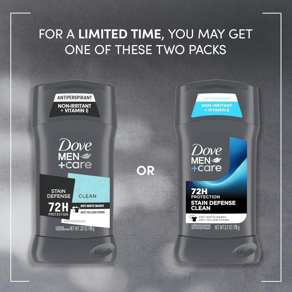 Dove Men+Care Deodorant Stick 4 Count Stain Defense Clean for Men, Anti-white Marks & Anti-yellow Stains with 72-hour Sweat and Odor Protection 2.7 oz